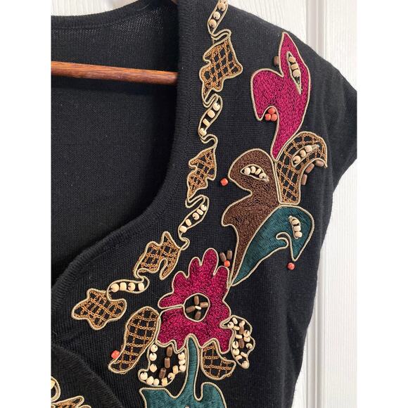 Carole Little Wool Blend Knit Dress Embroidered Beaded Size Large Boho Artsy - Picture 3 of 6